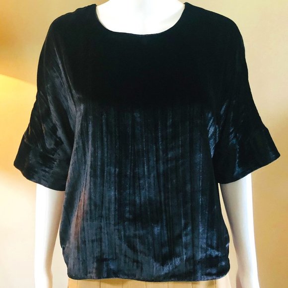 J BRAND BLACK VELOUR SILK SHORT SLEEVE TOP, SIZE SMALL - Picture 2 of 5